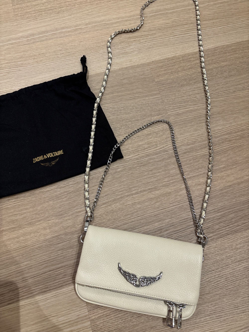 Zadig & Voltaire Cream White Leather Crossbody Bag with Silver Chain Detail